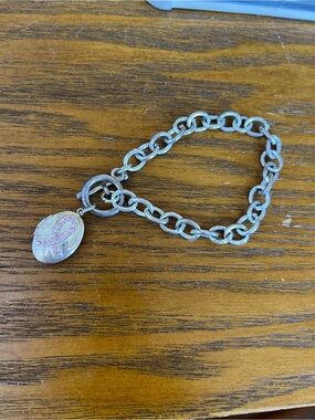 Silver Link Bracelet with Pink Ribbon Charm